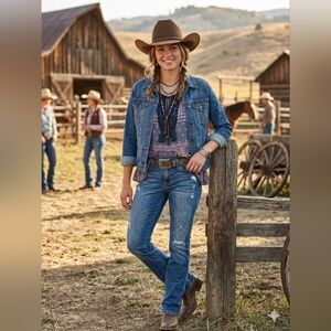 Wrangler Blue Denim Jacket with Patterned Boho Blouse